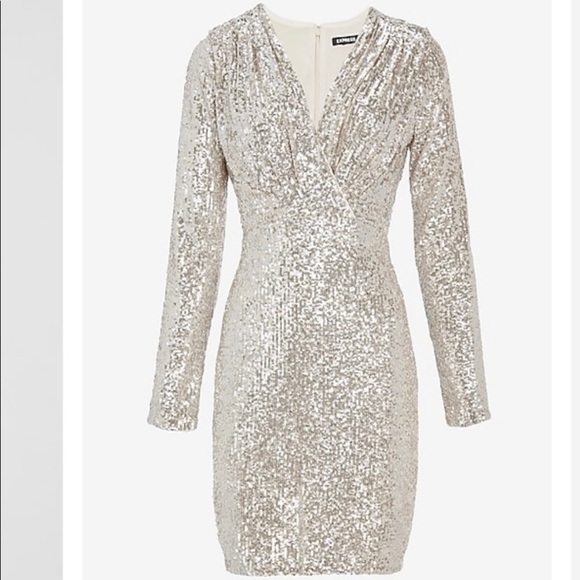 NWT $118 Express Silver Long Sleeve Metallic Sequins Party Mini Dress Size XS - Picture 1 of 16